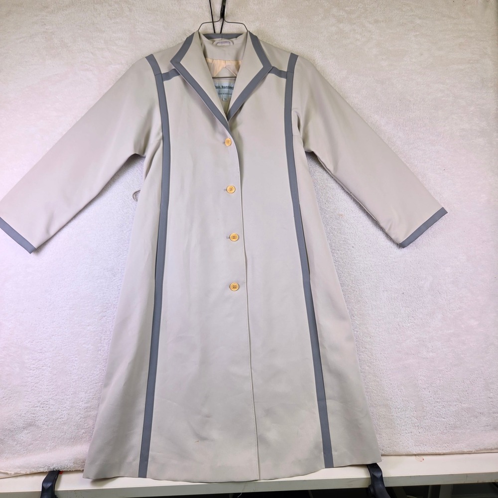 Vintage Robin Romney Beige Grey Trim Long Trench Coat Button Front Size 14